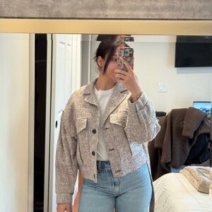 Zara tweed cropped jacket with button and belt details.